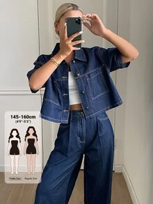 Livesso Petite Women's Single-Breasted Short Sleeve Top And Wide Leg Pants Casual Everyday Denim Set Fall - Blue - View 1
