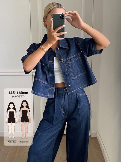 Livesso Petite Conjunto casual de mujer de top de manga corta con un solo botón y pantalones de pierna ancha de denim para uso diario en otoño
