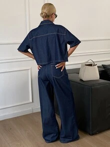 Livesso Petite Women's Single-Breasted Short Sleeve Top And Wide Leg Pants Casual Everyday Denim Set Fall - Blue - View 2