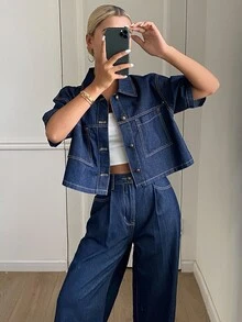 Livesso Petite Women's Single-Breasted Short Sleeve Top And Wide Leg Pants Casual Everyday Denim Set Fall - Blue - View 7