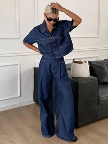 Livesso Petite Women's Single-Breasted Short Sleeve Top And Wide Leg Pants Casual Everyday Denim Set Fall - Blue - View 5