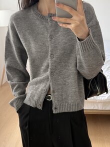 DAZY Women's Minimalist Single-Breasted Long Sleeve Knit Cardigan, Preppy Style Fall - Grey - View 2