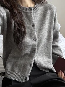 DAZY Women's Minimalist Single-Breasted Long Sleeve Knit Cardigan, Preppy Style Fall - Grey - View 4