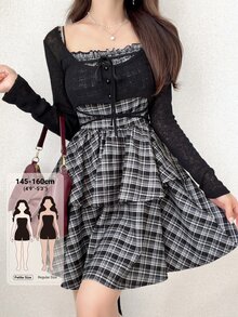 DAZY Women's Solid Color Long Sleeve Single-Breasted Cropped Top And Plaid Ruffle Hem Sleeveless Dress 2 Pieces Set Lounge Sets For Women - Black - View 1