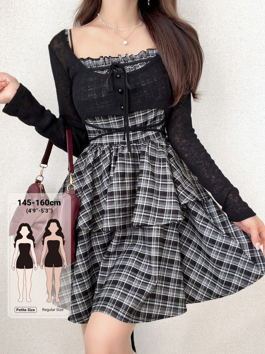 DAZY Women's Solid Color Long Sleeve Single-Breasted Cropped Top And Plaid Ruffle Hem Sleeveless Dress 2 Pieces Set Lounge Sets For Women - Black - View 1
