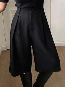 DAZY Celana Panjang Wanita Polos Serbaguna dengan Kancing dan Lipatan, Model 3/4 untuk Musim Gugur - Hitam - View 9