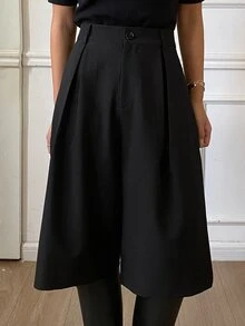 DAZY Celana Panjang Wanita Polos Serbaguna dengan Kancing dan Lipatan, Model 3/4 untuk Musim Gugur - Hitam - View 3