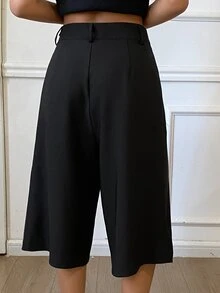 DAZY Celana Panjang Wanita Polos Serbaguna dengan Kancing dan Lipatan, Model 3/4 untuk Musim Gugur - Hitam - View 2