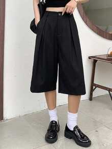 DAZY Celana Panjang Wanita Polos Serbaguna dengan Kancing dan Lipatan, Model 3/4 untuk Musim Gugur - Hitam - View 8