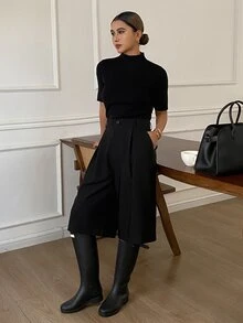 DAZY Celana Panjang Wanita Polos Serbaguna dengan Kancing dan Lipatan, Model 3/4 untuk Musim Gugur - Hitam - View 4