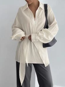 DAZY Áo sơ mi nữ tay dài cài nút phong cách tối giản đa năng cho văn phòng và đi làm mùa thu - Màu be - Xem 4