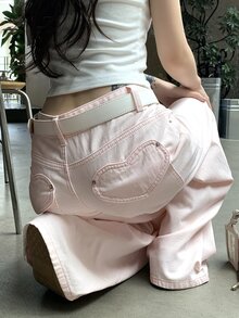 DAZY Celana Jeans Denim Longgar Gaya Jalanan Wanita dengan Kancing dan Kantong untuk Musim Gugur - Berwarna merah muda - View 7