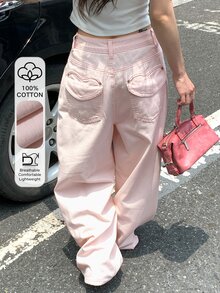 DAZY Celana Jeans Denim Longgar Gaya Jalanan Wanita dengan Kancing dan Kantong untuk Musim Gugur - Berwarna merah muda - View 11