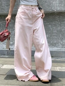 DAZY Celana Jeans Denim Longgar Gaya Jalanan Wanita dengan Kancing dan Kantong untuk Musim Gugur - Berwarna merah muda - View 5