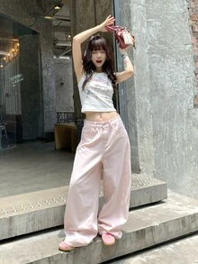 DAZY Celana Jeans Denim Longgar Gaya Jalanan Wanita dengan Kancing dan Kantong untuk Musim Gugur - Berwarna merah muda - View 9
