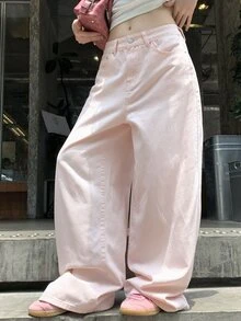 DAZY Celana Jeans Denim Longgar Gaya Jalanan Wanita dengan Kancing dan Kantong untuk Musim Gugur - Berwarna merah muda - View 6