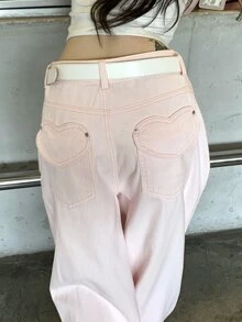 DAZY Celana Jeans Denim Longgar Gaya Jalanan Wanita dengan Kancing dan Kantong untuk Musim Gugur - Berwarna merah muda - View 8
