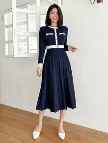 DAZY Contrast Trim Pleated Hem Sweater Dress Office Navy And White Autumn French Elegant - Navy Blue - View 6