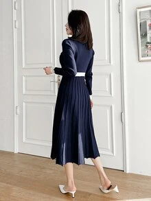 DAZY Contrast Trim Pleated Hem Sweater Dress Office Navy And White Autumn French Elegant - Navy Blue - View 2