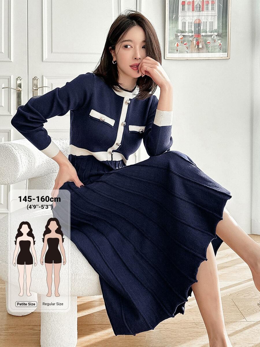 DAZY Contrast Trim Pleated Hem Sweater Dress Office Navy And White Autumn French Elegant - Navy Blue - View 1
