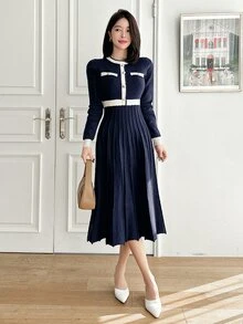 DAZY Contrast Trim Pleated Hem Sweater Dress Office Navy And White Autumn French Elegant - Navy Blue - View 5