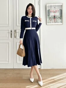DAZY Contrast Trim Pleated Hem Sweater Dress Office Navy And White Autumn French Elegant - Navy Blue - View 4