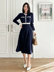 DAZY Contrast Trim Pleated Hem Sweater Dress Office Navy And White Autumn French Elegant - Navy Blue - View 3
