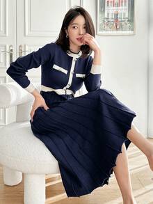 DAZY Contrast Trim Pleated Hem Sweater Dress Office Navy And White Autumn French Elegant - Navy Blue - View 7