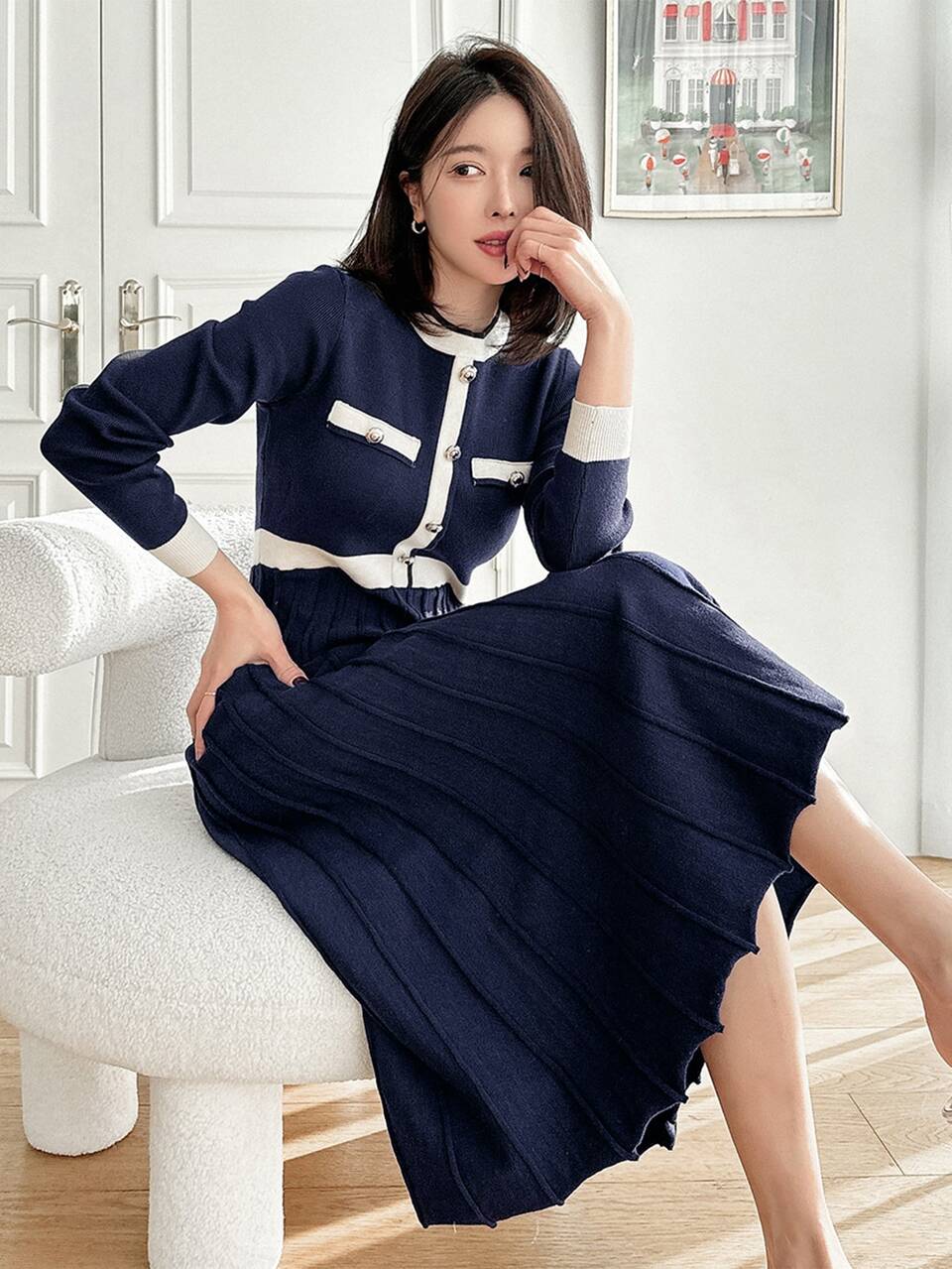 Contrast Trim Pleated Hem Sweater Dress Office Navy And White Autumn French Elegant