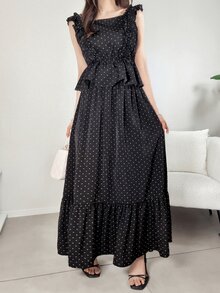 DAZY Women's Summer Elegant Polka Dot Print Tank Top And Skirt 2 Pieces Set - Black - View 2
