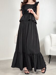DAZY Women's Summer Elegant Polka Dot Print Tank Top And Skirt 2 Pieces Set - Black - View 5