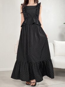 DAZY Women's Summer Elegant Polka Dot Print Tank Top And Skirt 2 Pieces Set - Black - View 4