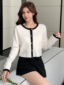 DAZY Women's Colorblock Camisole And Single-Breasted Long Sleeve Sweater 2 Pieces Set Fall - Beige - View 6
