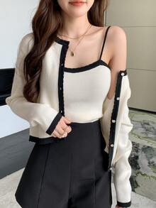 DAZY Women's Colorblock Camisole And Single-Breasted Long Sleeve Sweater 2 Pieces Set Fall - Beige - View 3