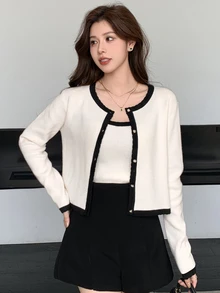 DAZY Women's Colorblock Camisole And Single-Breasted Long Sleeve Sweater 2 Pieces Set Fall - Beige - View 4