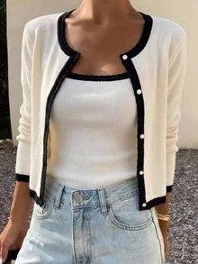 DAZY Women's Colorblock Camisole And Single-Breasted Long Sleeve Sweater 2 Pieces Set Fall - Beige - View 8