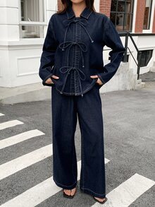 Livesso Petite Women's Lace-Up Long Sleeve Jacket And Pocket Long Pants Denim Set Fall - Blue - View 3