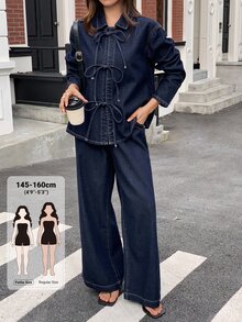 Livesso Petite Women's Lace-Up Long Sleeve Jacket And Pocket Long Pants Denim Set Fall - Blue - View 1