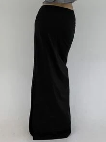 Livesso Petite Rok Panjang Ekstra Warna Polos Elegan untuk Wanita, Cocok untuk Liburan Musim Gugur - Hitam - View 2