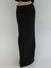 Livesso Petite Rok Panjang Ekstra Warna Polos Elegan untuk Wanita, Cocok untuk Liburan Musim Gugur - Hitam - View 8