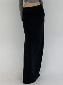Livesso Petite Rok Panjang Ekstra Warna Polos Elegan untuk Wanita, Cocok untuk Liburan Musim Gugur - Hitam - View 4