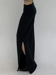 Livesso Petite Rok Panjang Ekstra Warna Polos Elegan untuk Wanita, Cocok untuk Liburan Musim Gugur - Hitam - View 5