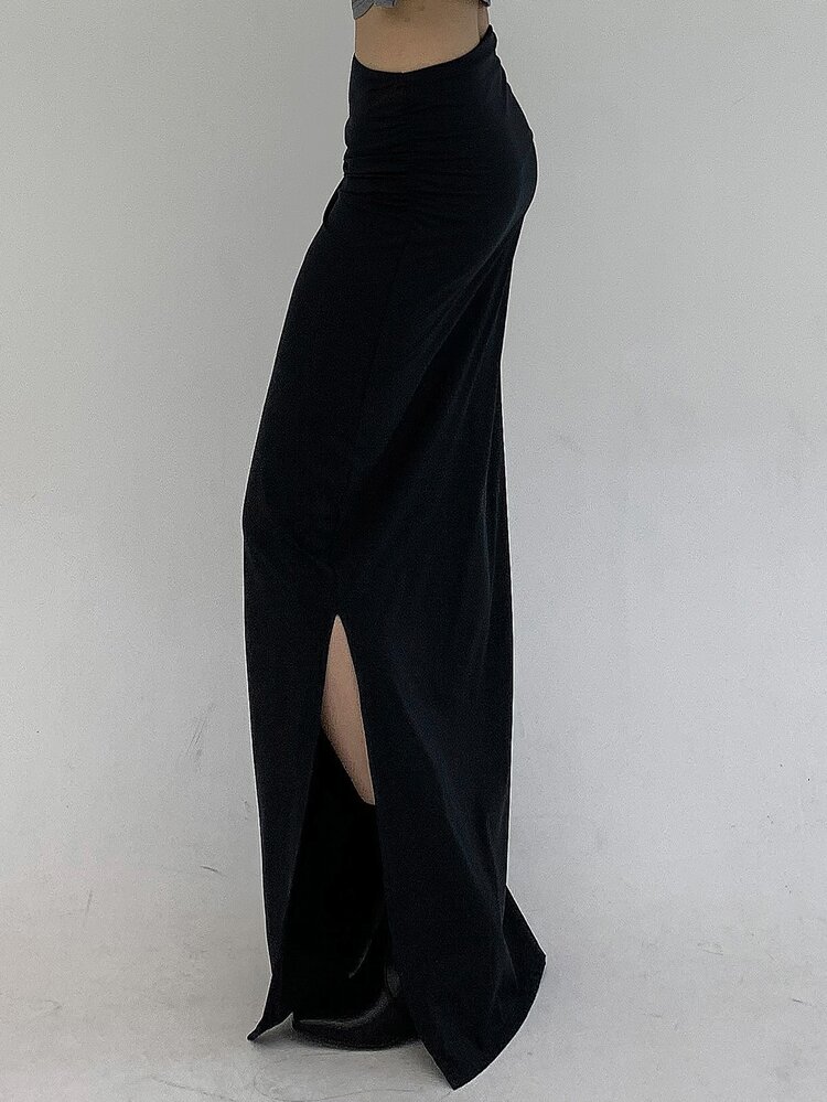 Livesso Petite Women's Elegant Solid Color Extra Long Skirt Fall Vacation - Black - View 5