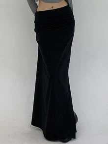 Livesso Petite Rok Panjang Ekstra Warna Polos Elegan untuk Wanita, Cocok untuk Liburan Musim Gugur - Hitam - View 3