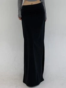 Livesso Petite Rok Panjang Ekstra Warna Polos Elegan untuk Wanita, Cocok untuk Liburan Musim Gugur - Hitam - View 7