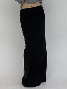 Livesso Petite Rok Panjang Ekstra Warna Polos Elegan untuk Wanita, Cocok untuk Liburan Musim Gugur - Hitam - View 6