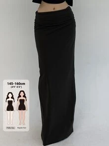 Livesso Petite Rok Panjang Ekstra Warna Polos Elegan untuk Wanita, Cocok untuk Liburan Musim Gugur - Hitam - View 1
