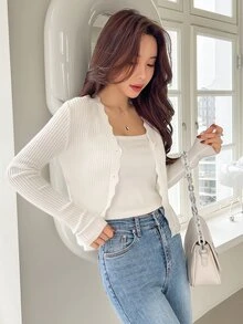 DAZY Cárdigan de punto acanalado con ribete de concha para otoño - Blanco - Ver 3