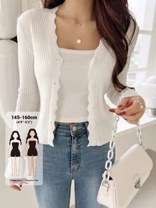 DAZY Cárdigan de punto acanalado con ribete de concha para otoño - Blanco - Ver 1