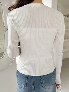 DAZY Cárdigan de punto acanalado con ribete de concha para otoño - Blanco - Ver 2
